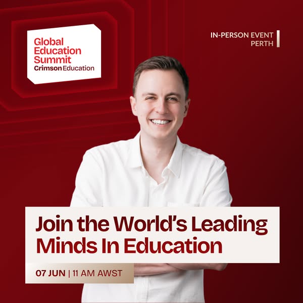 This is an advertisement for the Global Education Summit in Perth, hosted by Crimson Education. The ad features a smilin