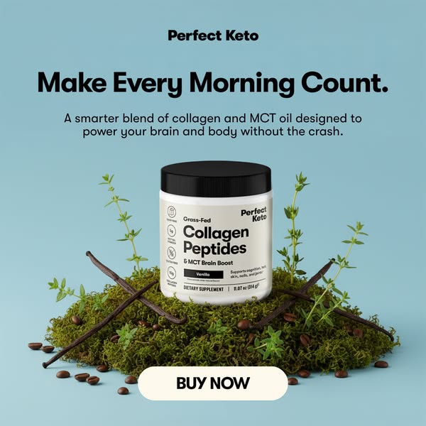 This image ad for Perfect Keto promotes their collagen peptides and MCT brain boost powder. The ad highlights the produc