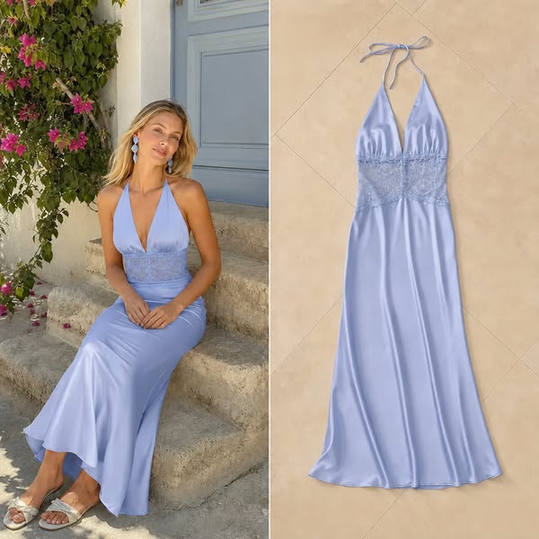 The ad features an image of a woman sitting on stone steps wearing a light blue halter dress on the left and a full, fla