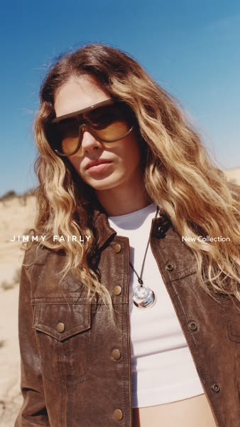 This ad showcases a model wearing Jimmy Fairly sunglasses in an outdoor setting. The ad highlights the new collection by