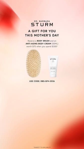 This ad promotes Dr. Barbara Sturm, offering a free body brush and anti-aging body cream with a $200 purchase, celebrati