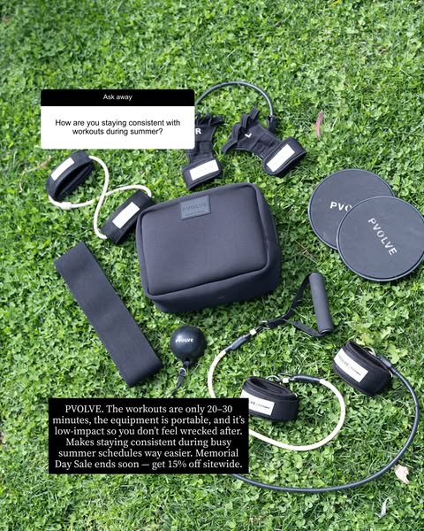 This ad showcases various pieces of Pvolve workout equipment, highlighting how it can help you stay consistent during th