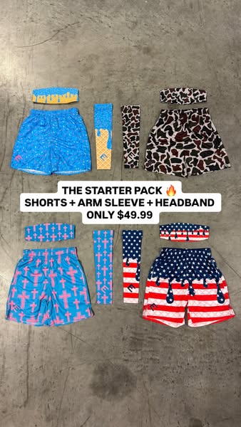 The ad promotes a starter pack that consists of shorts, an arm sleeve, and a headband. The ad presents multiple styles f