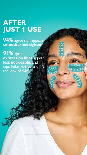 The image ad shows a woman with teal-colored tape strips applied to her face, highlighting the before and after effects 