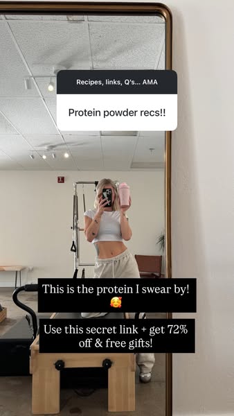 An influencer is sharing a discount code for her favorite protein powder via an Instagram story. She provides a link for
