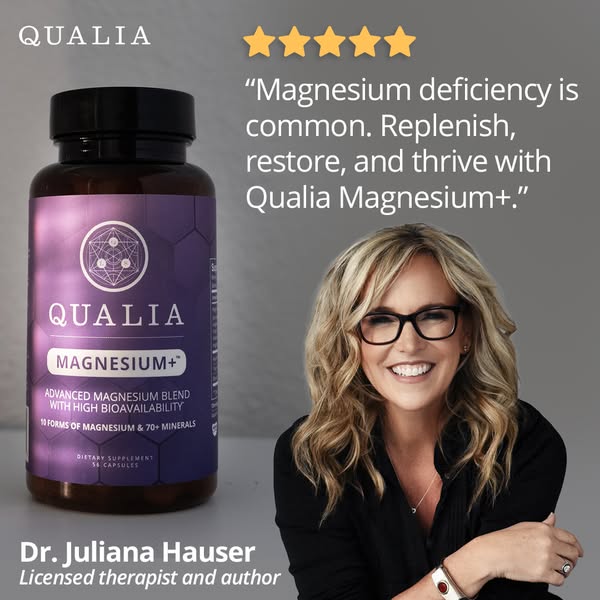 This image ad promotes Qualia Magnesium+. It features the product alongside a testimonial from Dr. Juliana Hauser, a lic