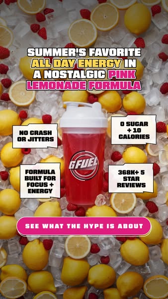 An ad for GFUEL's pink lemonade formula. The ad highlights the drink's energy-boosting properties, nostalgic fla
