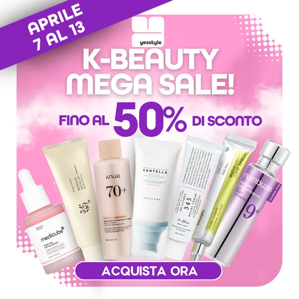 This image ad promotes a K-beauty mega sale from YesStyle, featuring up to 50% off. Several K-beauty products are displa