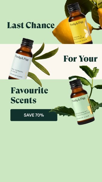 An ad for Purdy & Figg cleaning products. The ad features the text "Last Chance For Your Favourite Scents SAVE 