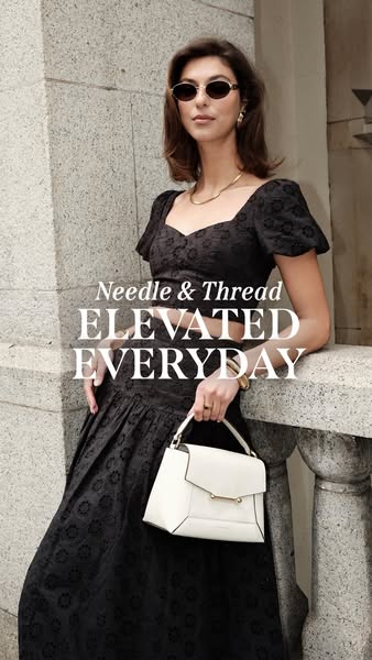 This image ad promotes Needle & Thread as a brand for elevated everyday wear. The ad features a woman leaning agains