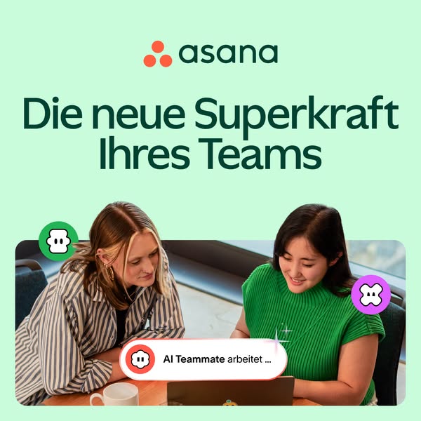 This ad for Asana features two women collaborating on a laptop, highlighting Asana's new AI Teammate feature as a wa