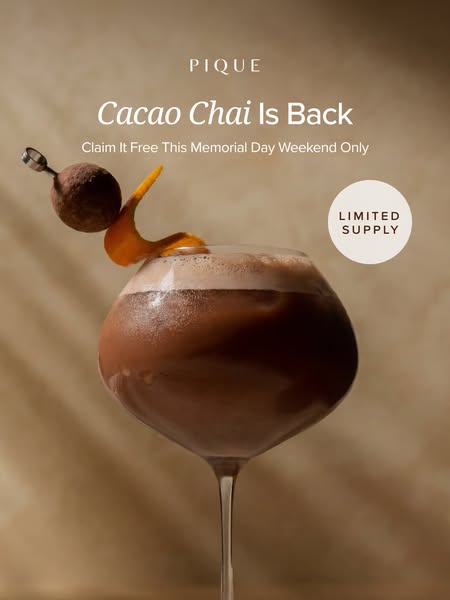 This image ad for Pique promotes the return of their Cacao Chai flavor, and includes a limited-time free offer.