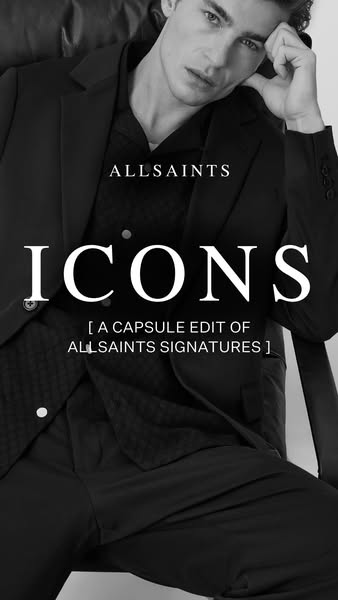 This ad promotes ALLSAINTS' new 'ICONS' capsule collection, showcasing signature pieces in a visually striki