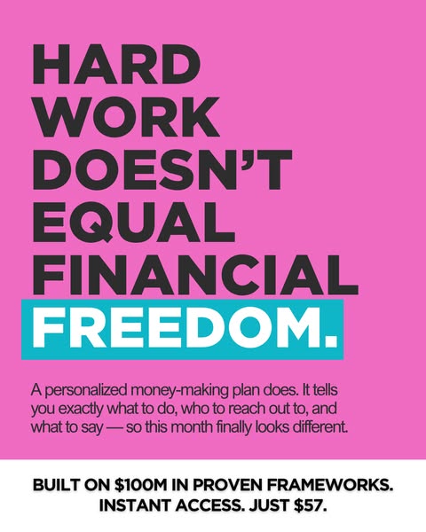 The ad uses a bold design to highlight the idea that hard work doesn't equal financial freedom. It promotes a person