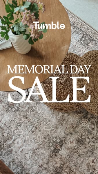 This ad promotes Tumble rugs as part of a Memorial Day sale. The image showcases a stylishly arranged living space with 
