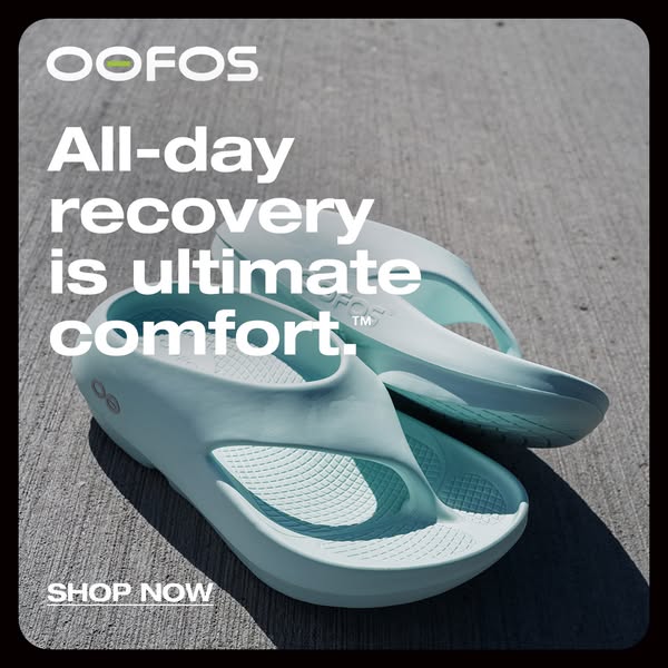 This image ad for OOFOS promotes the brand's footwear as providing all-day recovery and ultimate comfort.