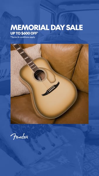 This single-image ad promotes Fender guitars during a Memorial Day sale, featuring a prominent product shot, sale detail