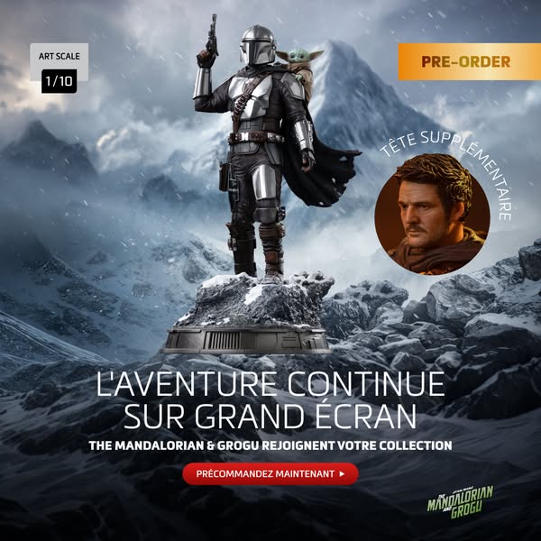 This ad shows an image of a Mandalorian and Grogu statue figure, along with an interchangeable Pedro Pascal head. The ad