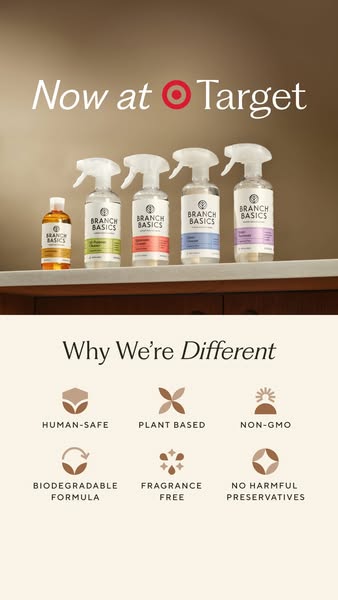 This image ad for Branch Basics highlights that the cleaning products are now available at Target, and calls out their k