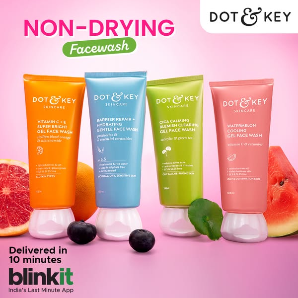 This ad showcases four different gel face wash products from Dot & Key, each targeting specific skin concerns. The a