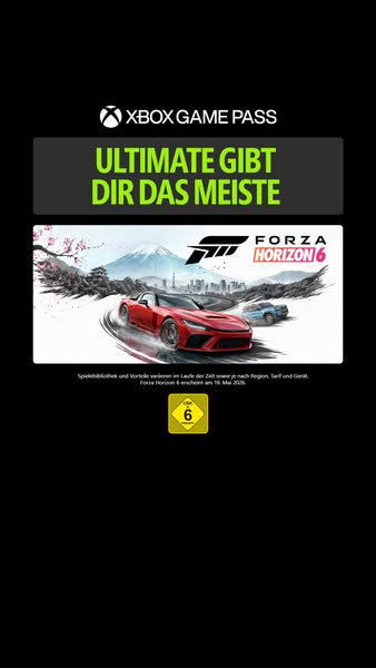 This ad promotes Xbox Game Pass Ultimate with the game Forza Horizon 6. The ad highlights that the pass gives the viewer