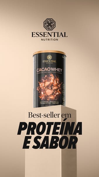 This ad showcases Essential Nutrition's Cacao Whey protein powder, highlighting its protein content and flavor. The 