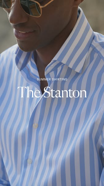 This ad features a close-up shot of a man wearing a blue and white striped shirt, focusing on the shirt's fabric and