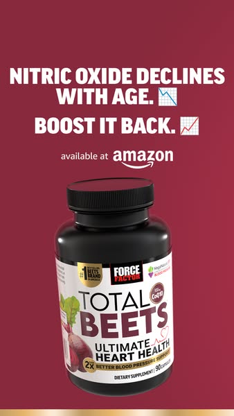 This image ad for Force Factor Total Beets highlights the decrease of nitric oxide with age. It claims that Total Beets 