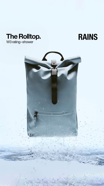 This ad promotes RAINS rolltop backpack with a focus on the product's waterproof feature.