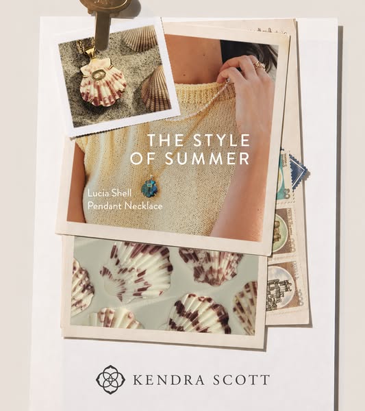 This image ad showcases a Lucia Shell Pendant Necklace from Kendra Scott. The ad uses a layered scrapbook-style visual t