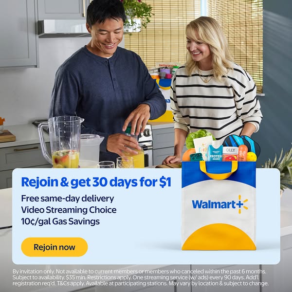 An ad promoting the benefits of a Walmart+ membership. It shows a man pouring juice while a woman smiles and looks at th