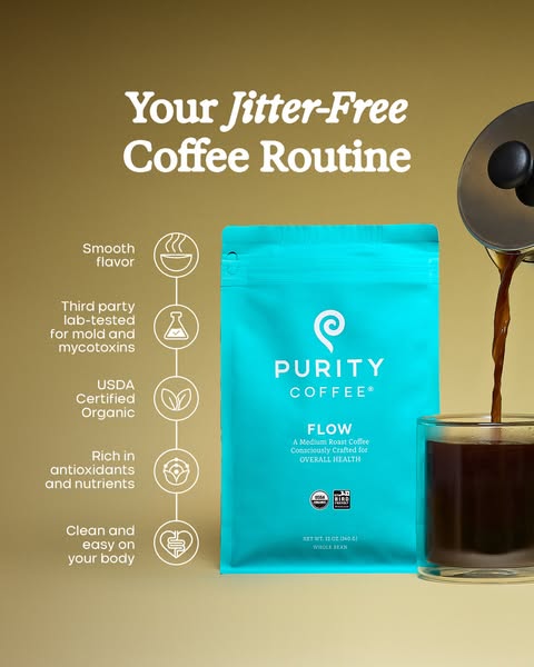 This image ad showcases Purity Coffee's Flow blend as a 'Jitter-Free Coffee Routine'. It emphasizes its smoo