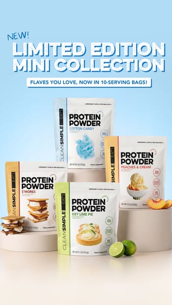 This image ad promotes a new limited edition mini collection of protein powder from Clean Simple Eats. The ad features s