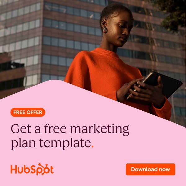 This ad for HubSpot offers a free marketing plan template. The ad features a woman holding a tablet, seemingly outdoors,