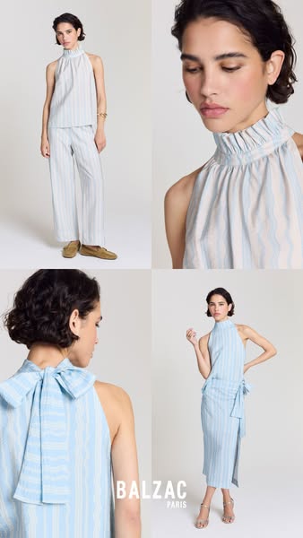 This image ad uses a 4-panel layout to showcase BALZAC Paris fashions. In the top left panel, the model is wearing a top