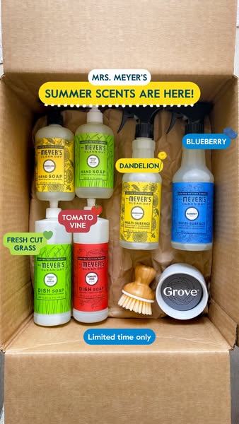This image ad showcases Mrs. Meyer's Clean Day Summer Scents collection, featuring hand soaps and multi-surface clea