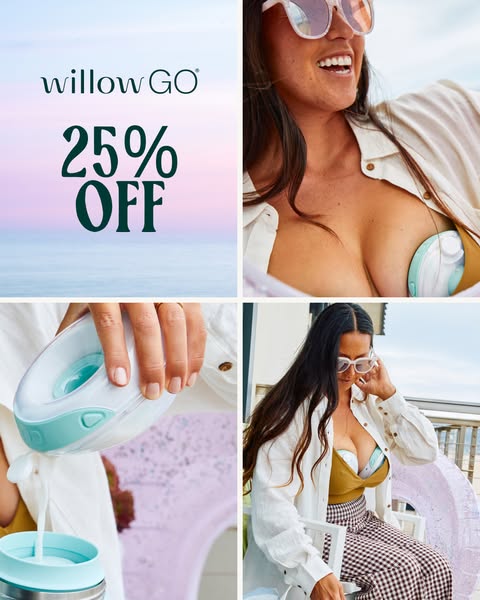This image ad uses a split-screen format to highlight Willow Go's hands-free breast pump with a 25% off offer. The a