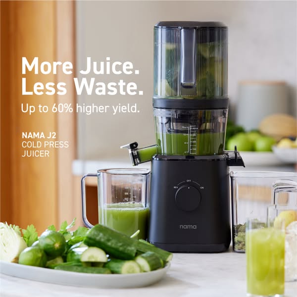 This ad showcases the Nama J2 Cold Press Juicer, highlighting its ability to produce more juice with less waste. The ad 