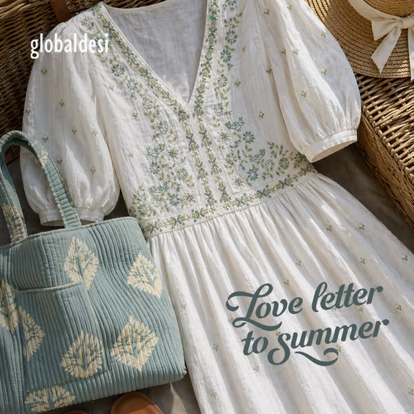 This ad features a white dress with green embroidered details, styled with a bag and accessories for a relaxed, summery 
