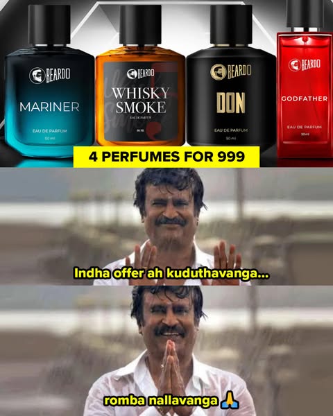 This ad uses a meme format to promote the Beardo brand's 4 different perfumes. The ad shows the 4 bottles of perfume