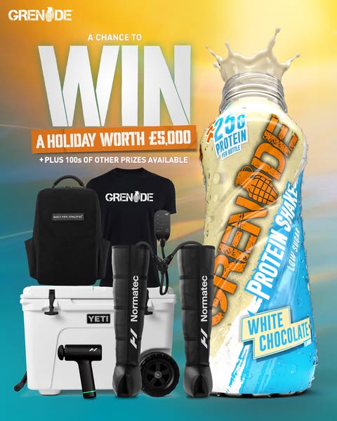 This image ad promotes a sweepstakes where one person can win a holiday worth £5,000, plus other prizes from Grenade, No
