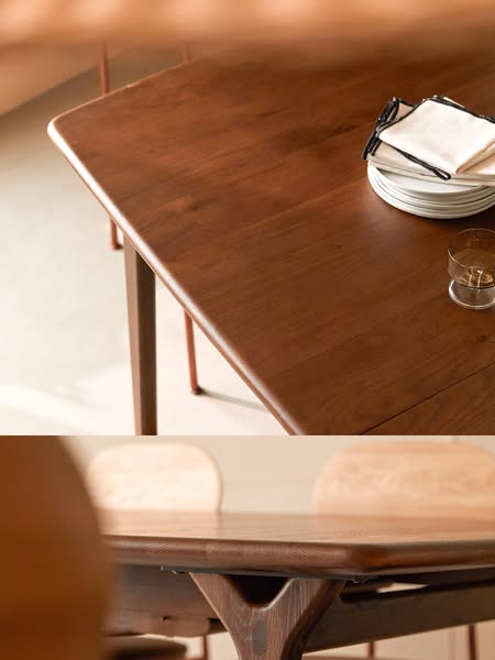 This ad features a wooden extendable dining table. The image is split in half, with one side showing the table fully ext