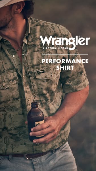 This image ad showcases Wrangler's All Terrain Gear Performance Shirt. It highlights the shirt's design and func