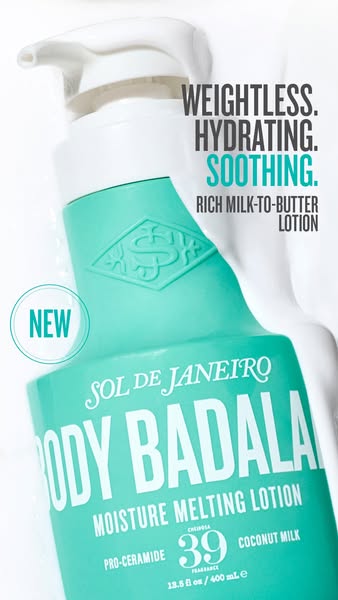 This is an image ad for Sol de Janeiro's Body Badala Moisture Melting Lotion. The ad highlights the lotion's tex