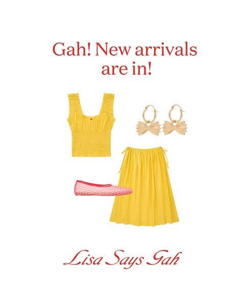 This ad showcases new product arrivals from Lisa Says Gah, featuring a yellow top and skirt, a pair of pasta-shaped earr