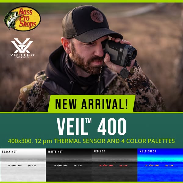 This ad by Bass Pro Shops promotes the new arrival of the Veil™ 400 thermal sensor with four color palettes.