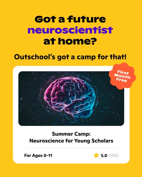 This image ad by Outschool promotes a summer camp focused on neuroscience for children aged 6-11. The ad features a vibr