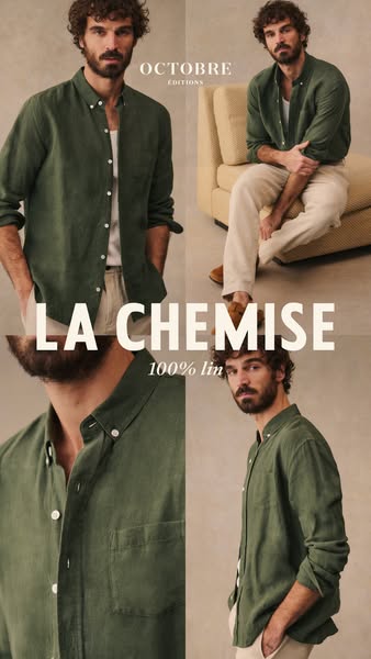 This image ad showcases a button-down shirt from Octobre Editions. The ad emphasizes the shirt's 100% linen material