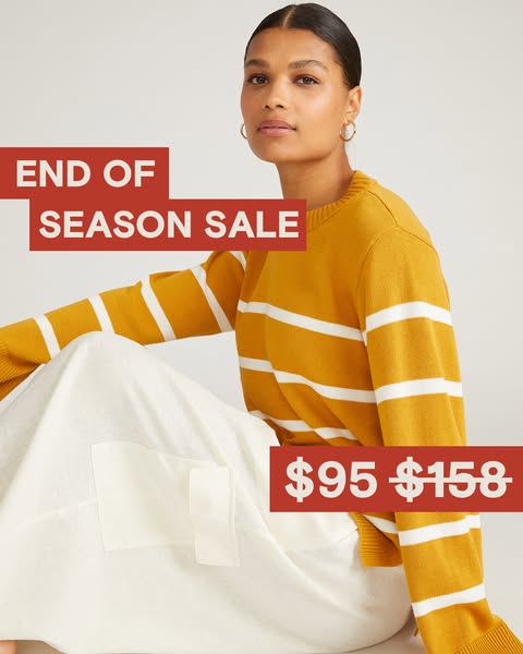 This image ad is advertising an end-of-season sale on clothing. It features a woman wearing a yellow sweater and a white