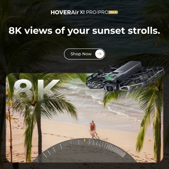 This image ad features a drone flying over a tropical beach. The ad emphasizes the drone's ability to capture 8K vie